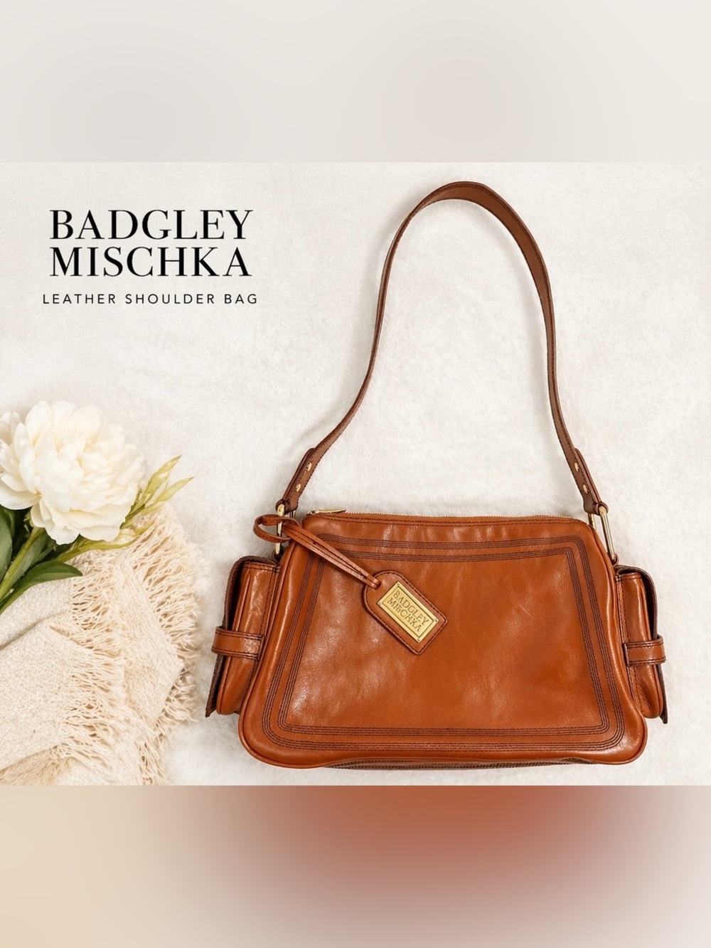 Badgley Mischka Cognac Leather Shoulder Bag with Gold Hang Tag